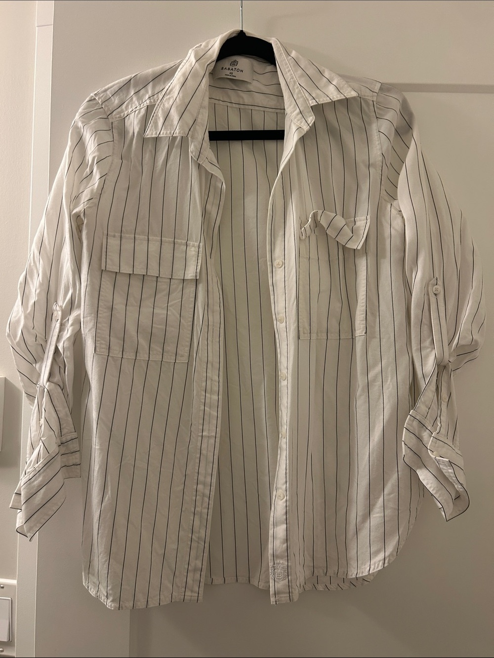 Babaton White Button-Down Shirt with Black Pinstripes